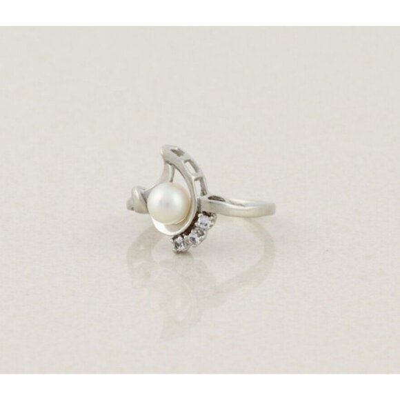 10k White Gold Freshwater Pearl & White Spinel Ring Size 5 - Picture 3 of 7